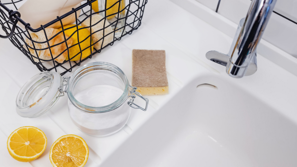 A picture of a sink with baking soda, lemons and other natural cleaning products