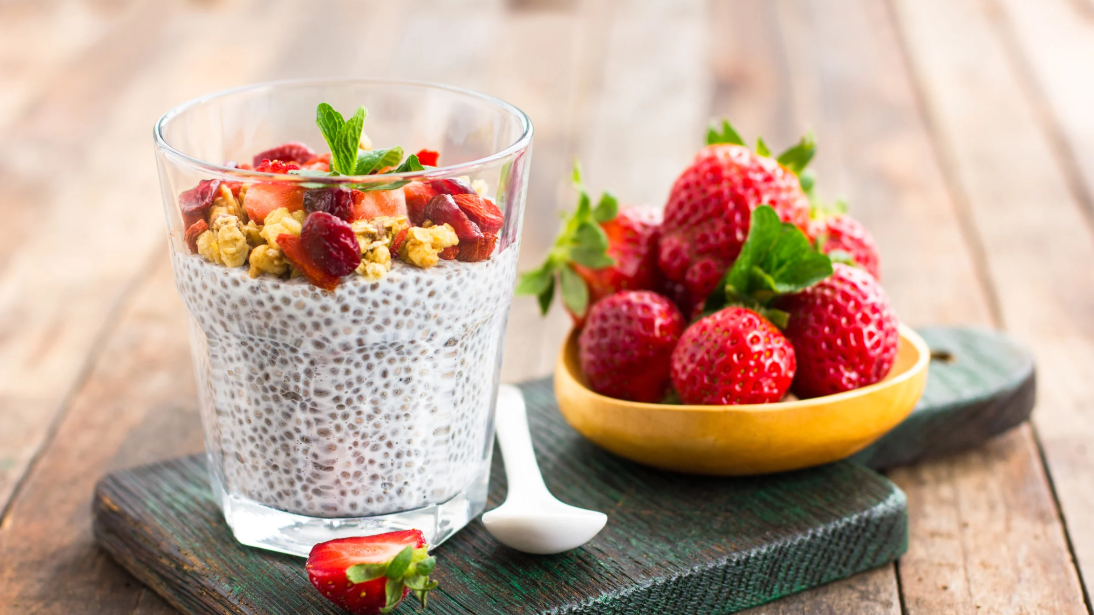 Strawberries and chia pudding, a nutrient-rich combination that supports brain health, gut health, and mood balance—one of the best foods for mental health